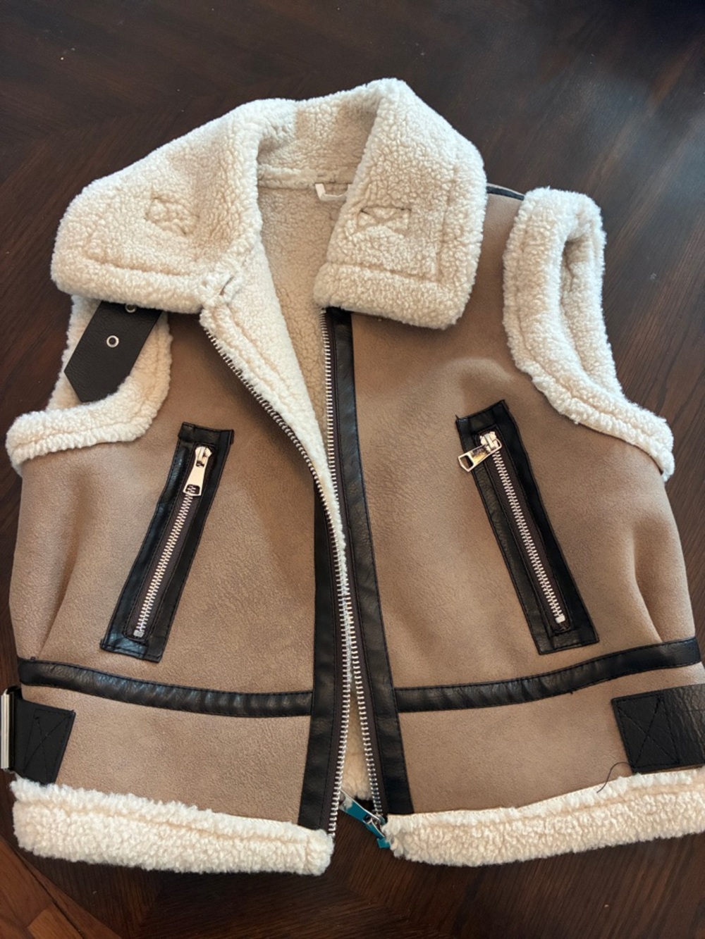 Women’s Taupe Sherpa-Trim Vest with Dark Brown Leather Accents